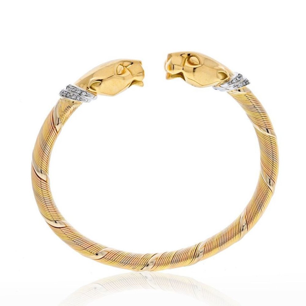 Cartier Panthere De Cartier Diamond Bangle Bracelet 18K Three Tone Gold Size 17 - Picture 2 of 4